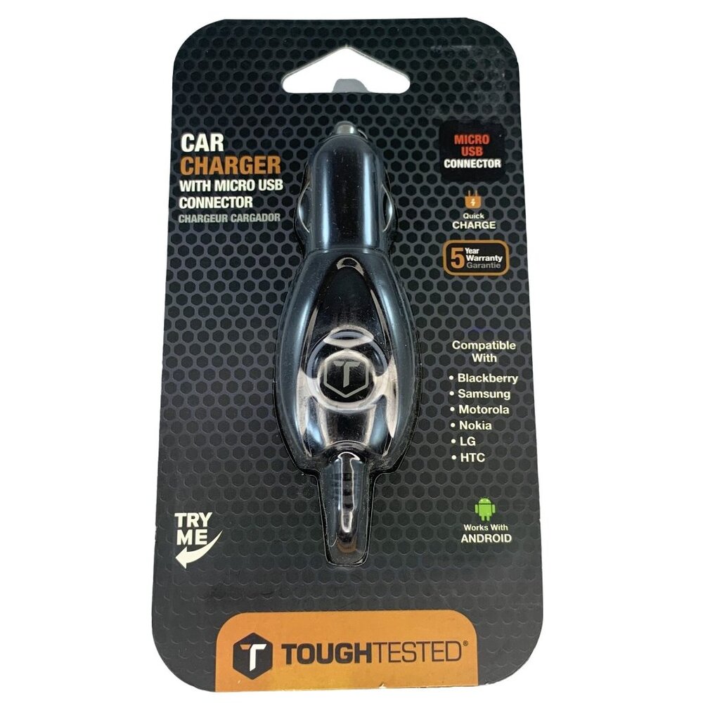 Tough Tested Micro USB Car Charger With Quick Charge and 8 ft Cord NEW